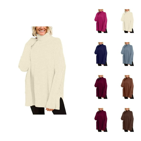 Sweaters for Women 2025 Fall Winter Long Sleeve Turtleneck Side Slit Loose Knit Jumper Top Womens Pullover Sweaters