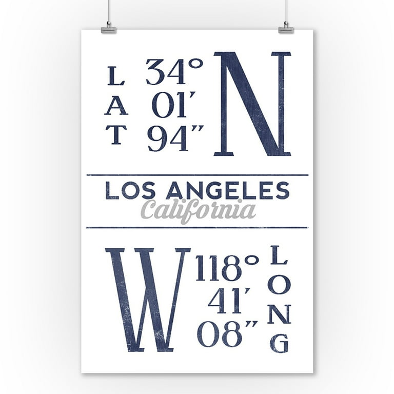 Angeles, California, Art Latitude Home (9x12 Print, (Blue) Longitude Los Wall Decor) and