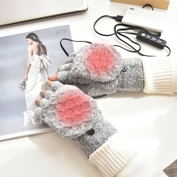 Jsaierl Women's USB Heated Gloves Soft Half Fingers Knitted Gloves with Button Winter Warm Cold Weather Mittens