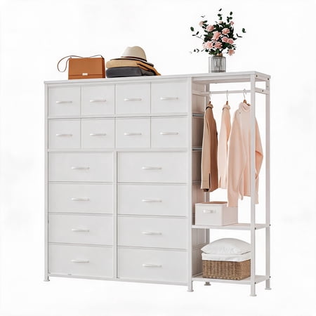 Home Organize 16-Drawer Tall Fabric Dresser with Clothes Rack & 2 Storage Shelves – Large Storage Organizer Chest Sturdy Metal Frame & Wooden Top for Bedroom Living Room or Closet