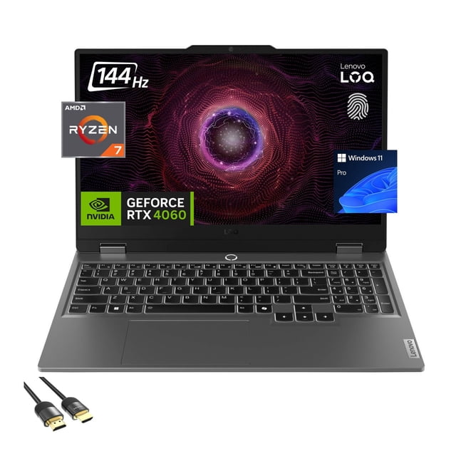 lenovo loq gaming laptop pantalla FHD 144Hz 15.6" AMD Ryzen 7-7435HS GeForce RTX 4060 8GB 16GB DDR5 1TB PCIe 4.0 — Vista frontal centrada de la laptop abierta con pantalla 15.6" (1920x1080) mostrando gráfico, teclado US retroiluminado con teclado numérico, lector de huellas en el reposamuñecas, puertos USB-C, HDMI y RJ45 visibles, carcasa gris; suele utilizarse también como estación portátil para edición de video ligera.