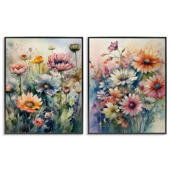 Stupell Industries Watercolor Daisy Field Flowers Plants & Flowers Painting Black Framed Art Print Wall Art, 11 x 14, Set of 2