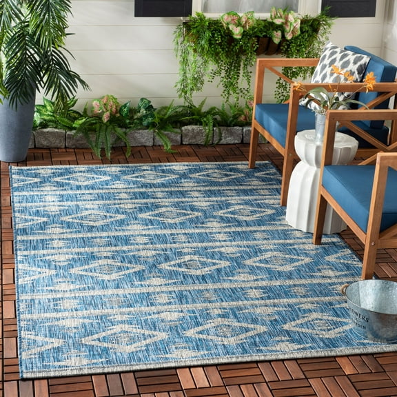 SAFAVIEH Courtyard April Geometric Indoor/Outdoor Area Rug, Navy/Grey, 4' x 5'7"