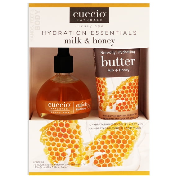 Luxury Spa Hydration Essentials Set - Milk Honey by Cuccio Naturale for Unisex - 2 Pc 4oz Milk and Honey Butter, 2.5oz Cuticle Revitalizing Oil - Milk and Honey