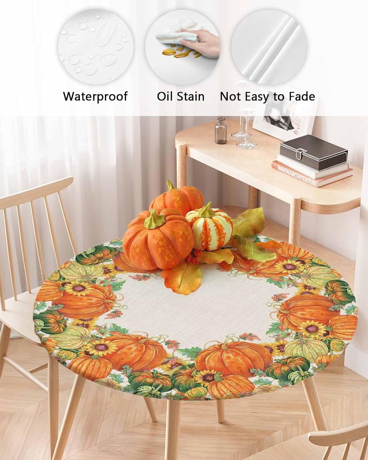 Round Fitted Tablecloth Elastic Edged Table Cover,Thanksgiving Fall Seamless Pumpkin Waterproof Wipeable Table Cloths for Kitchen Dining Party Fit up 36-44in Tables,Watercolor Maple Leaves on Burlap