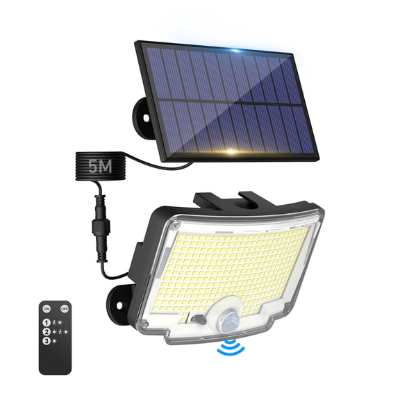 318 LED Solar Light with Separate Panel, 270° Wide Angle Solar Motion Lights Outdoor with 3 Modes, Solar Outdoor Flood Light for Garden Barn Porch Garage Yard, White Light, Black
