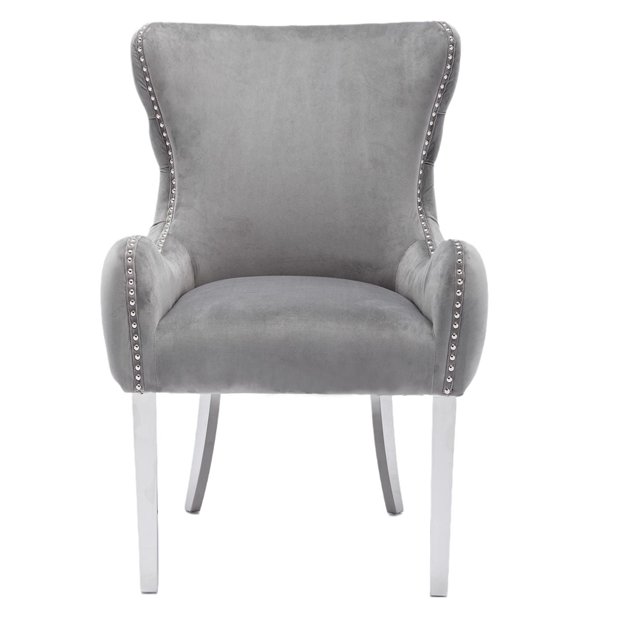Canadian Furniture Royal Grey Velvet Luxury Dining Chair Silver Legs (Set of 2) with a grey velvet upholstered seat and backrest featuring curved armrests and silver nailhead trim, supported by polished silver stainless steel legs, suitable for dining rooms or as stylish accent chairs.