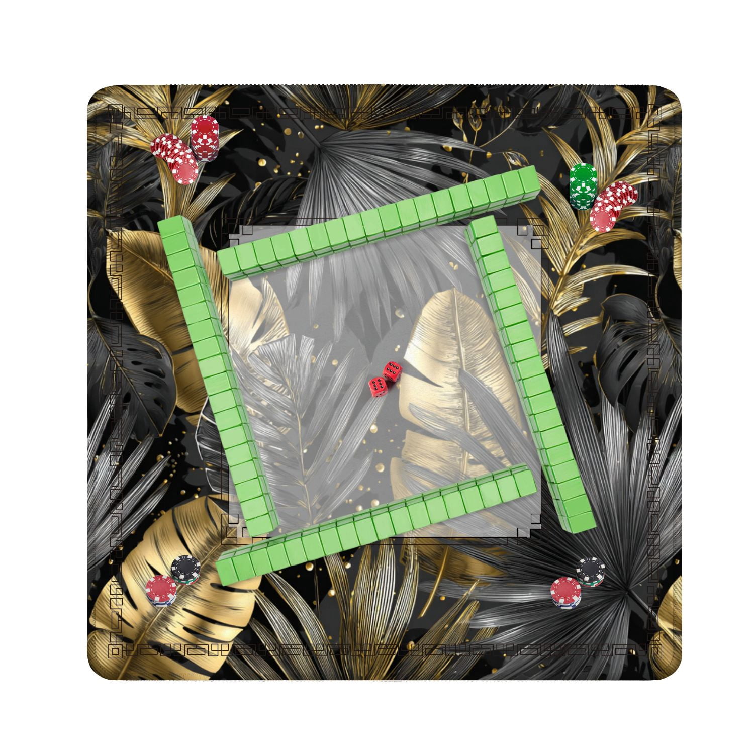 Mahjong Mat 31.5" x 31.5" Seamless tropical Leaves palm tree Gold gray Non-Slip Noise Reduction American Mahjong Tiles Table Cover for Dominoes Poker Card Board Games Gift