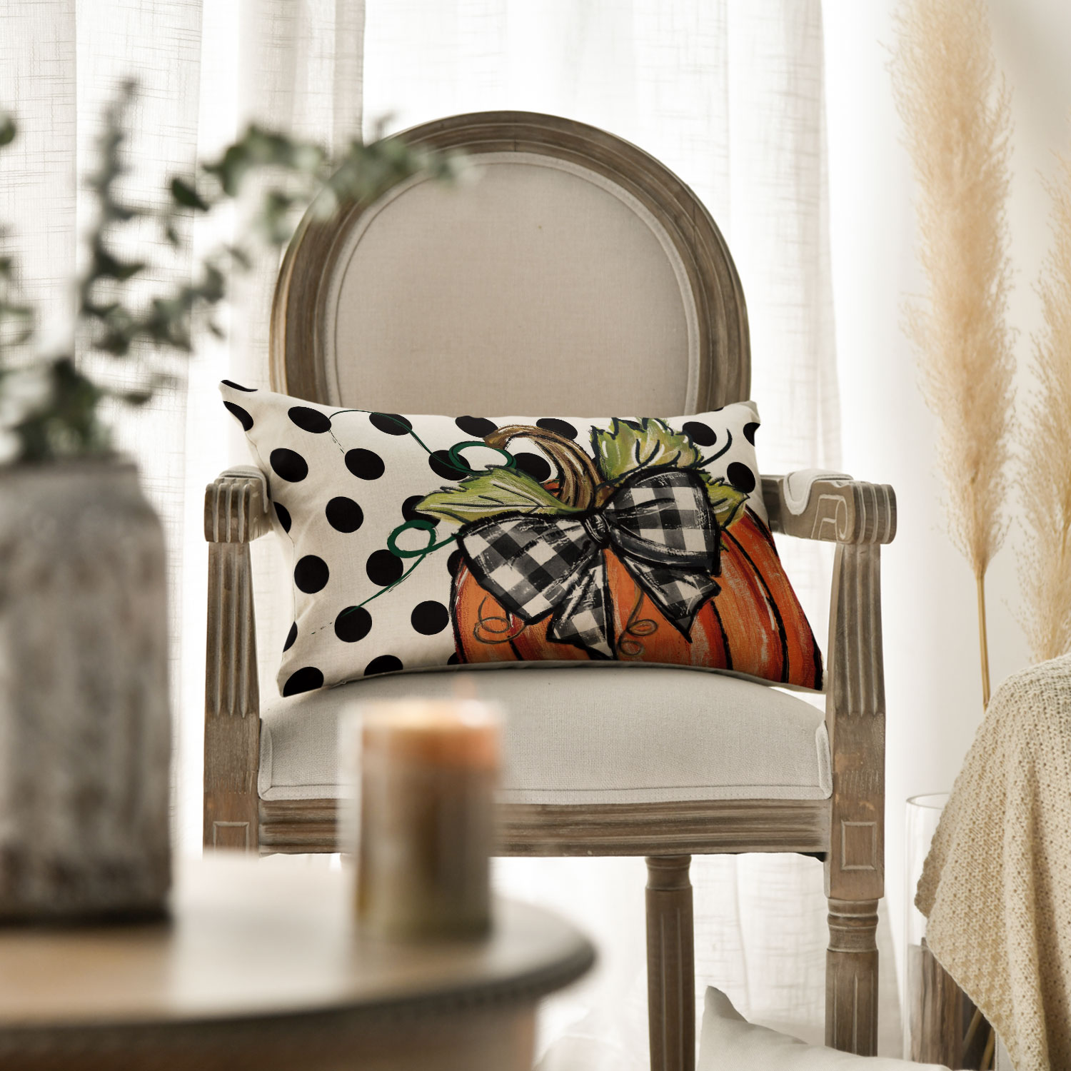 AVOIN Colorlife Fall Black And White Buffalo Plaid Check Pumpkin Thank