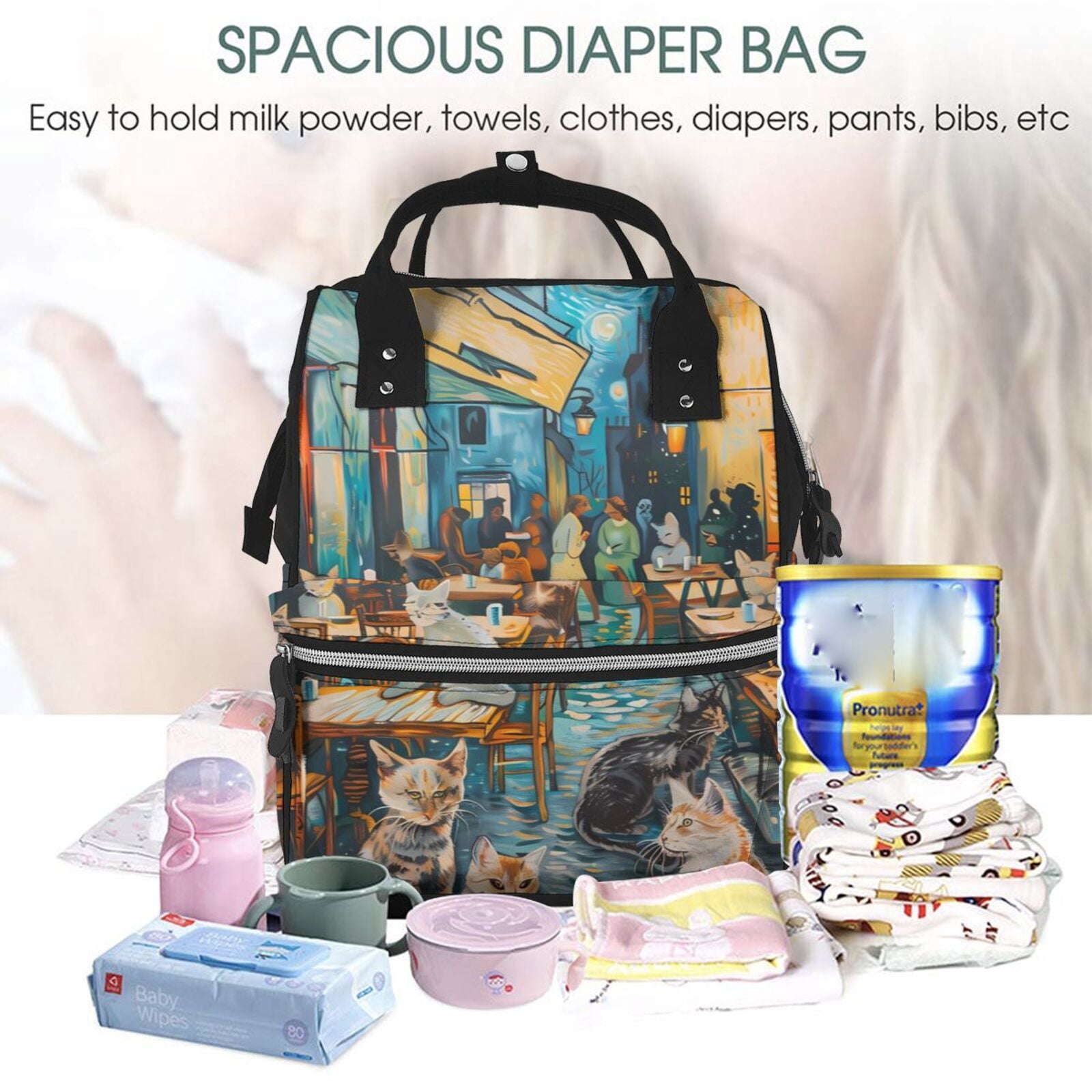 Fuzoiu Whimsical Cats Night Cafe Print Diaper Bag Backpack,Baby Essentials Travel Tote,Multi function Waterproof Diaper Bag, Travel Essentials Baby Bag - Unisex