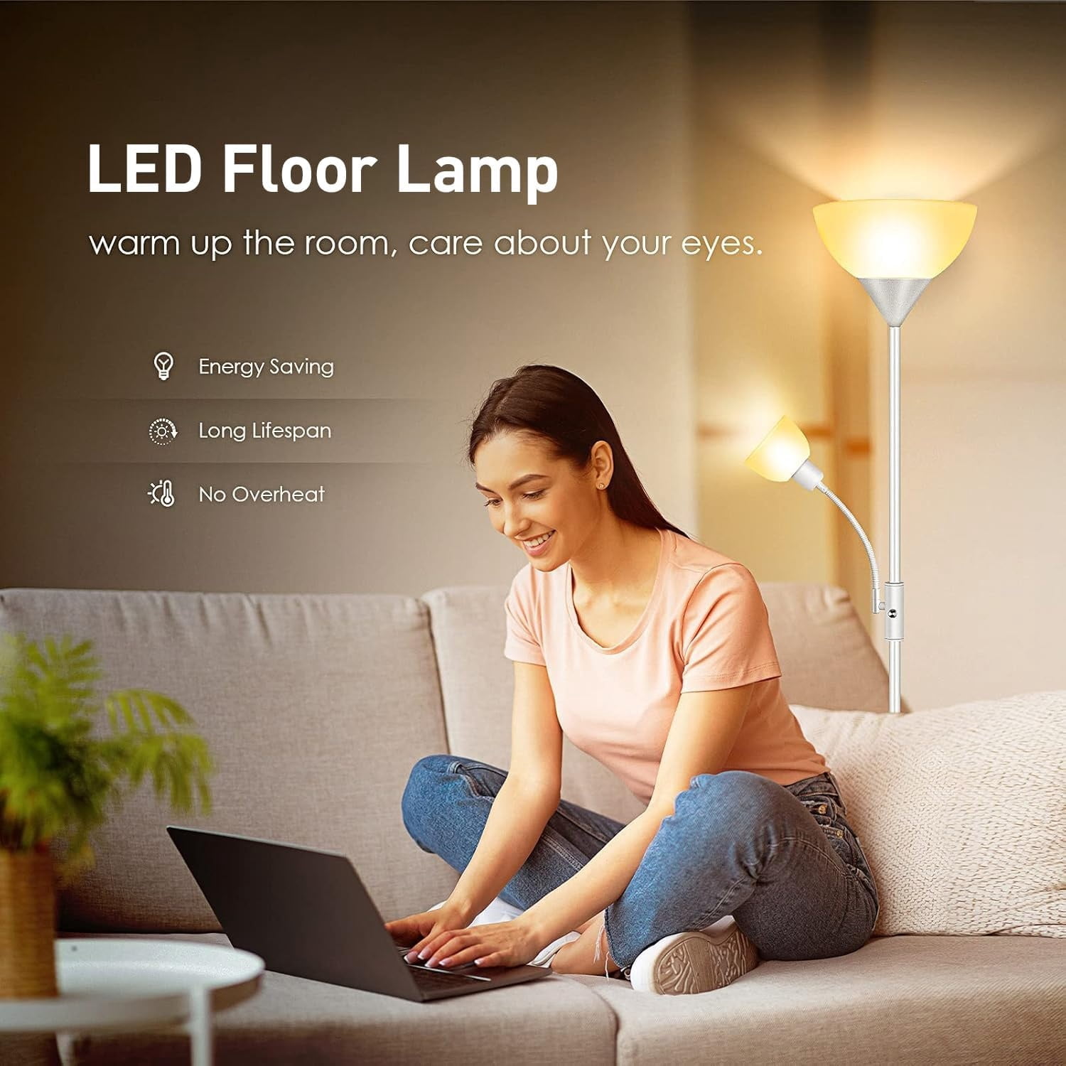 Floor Lamps for Living Room, Standing Lamp, 71" Tall Pole Lamps with Adjustable Reading Light, 3-Way Rotary Switch, Plastic Shade, Bright Corner Lamp for Bedroom, White(E26, No Bulb)