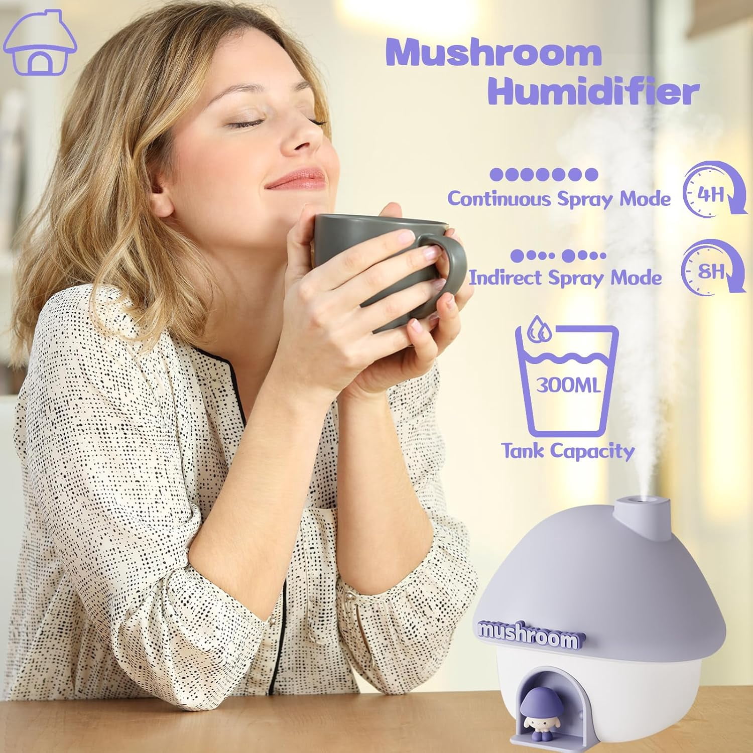 Small Humidifier for Bedroom, 300ML Pur House Mini Humidifier with 6 Colors Sunset Light, 2 Spray Modes Portable Baby Humidifier, Cute Rechargeable Mushroom Night Light for Kids