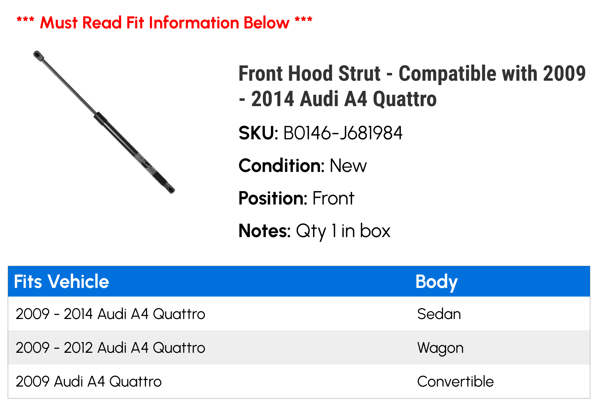 Front Hood Strut - Compatible with 2009 - 2014 Audi A4 Quattro - Autopart Premium