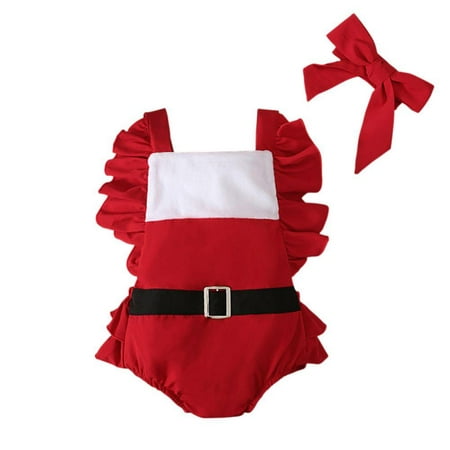 

Newborn Baby Girls Christmas Outfits Bodysuit+Headband Xmas Santa Claus Custome Cute Ruffled Suspender Romper Infant Jumpsuit
