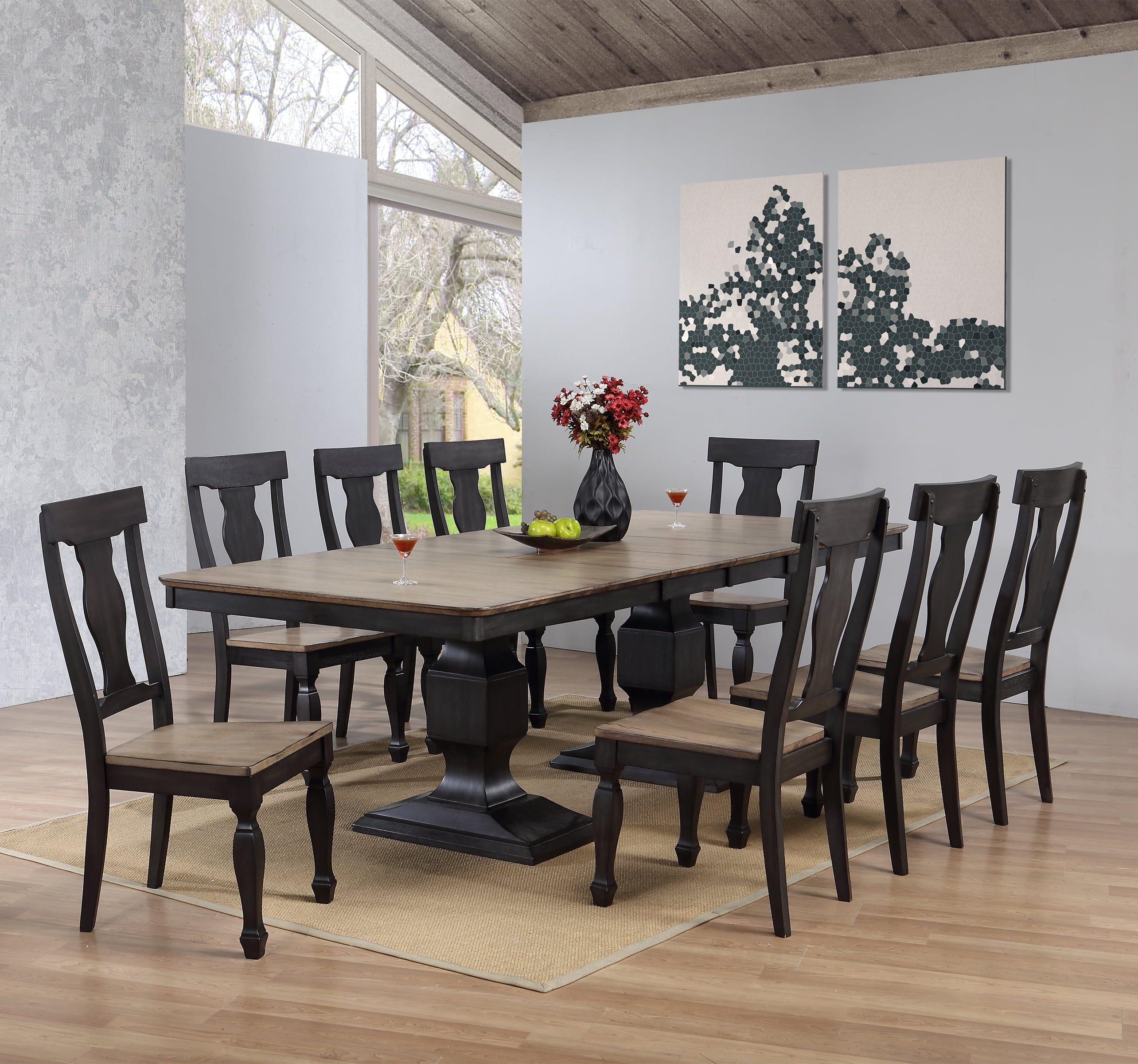 Nysha 9 Piece Dining Room Set, Charcoal & Oak Wood, Transitional