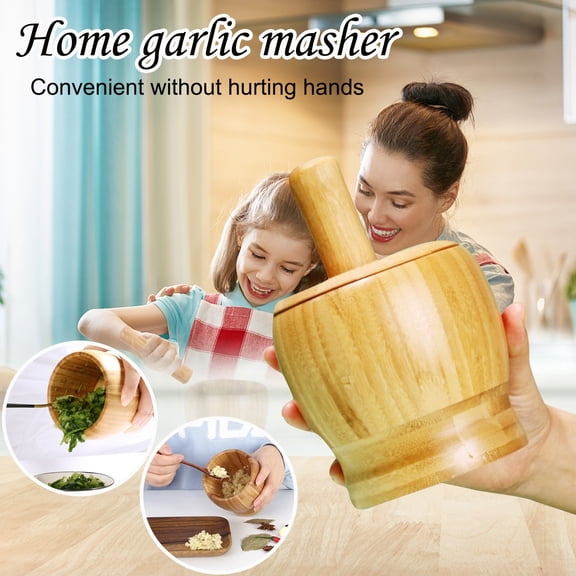 Basdi Mortar and Pestle, Bamboo Mortar and Pestle - Covered Garlic Press and Grinder Bowl | Natural Material, Non-Slip Base, Perfect for Crushing Herbs and Spices, Covered Grinder Bowl, A