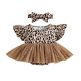 thumbnail image 1 of 2Pcs Baby Girl Summer Outfit  Leopard Print Tulle Flying-Sleeve One Piece Romper + Hairband for Toddler  0-12 Months, 1 of 7