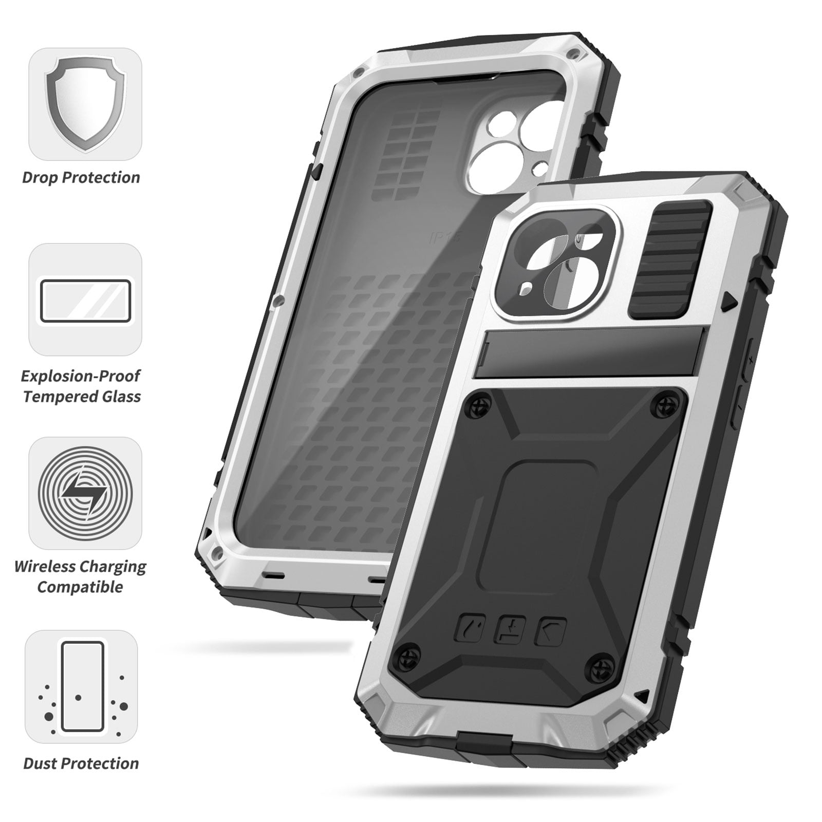 for iPhone 13 Armor Cover Case with Screen Protector, with Built-in 360° Rotate Ring Stand Heavy Duty Protection Cover Case for Apple iPhone 13, Silver