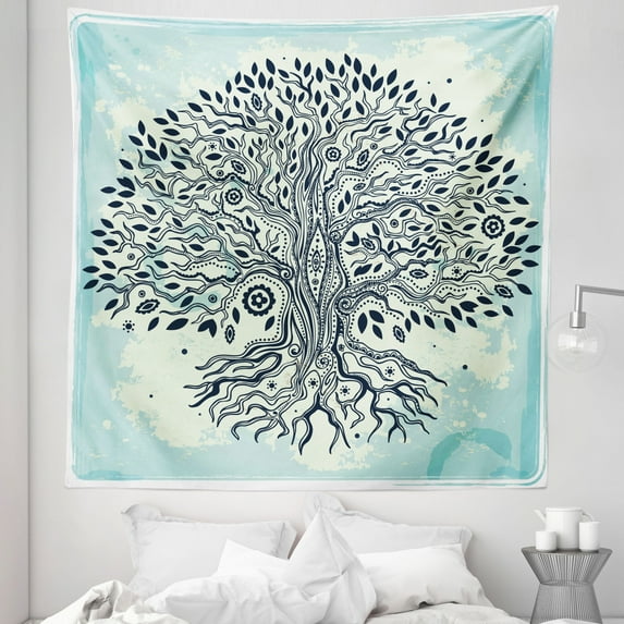 East Tapestry, Tree of Life Chinese Bonsai Roots Bohemian Hippie Evil Eye Occult Theme, Fabric Wall Hanging Decor for Bedroom Living Room Dorm, 5 Sizes, Indigo Cream Pale Blue, by Ambesonne