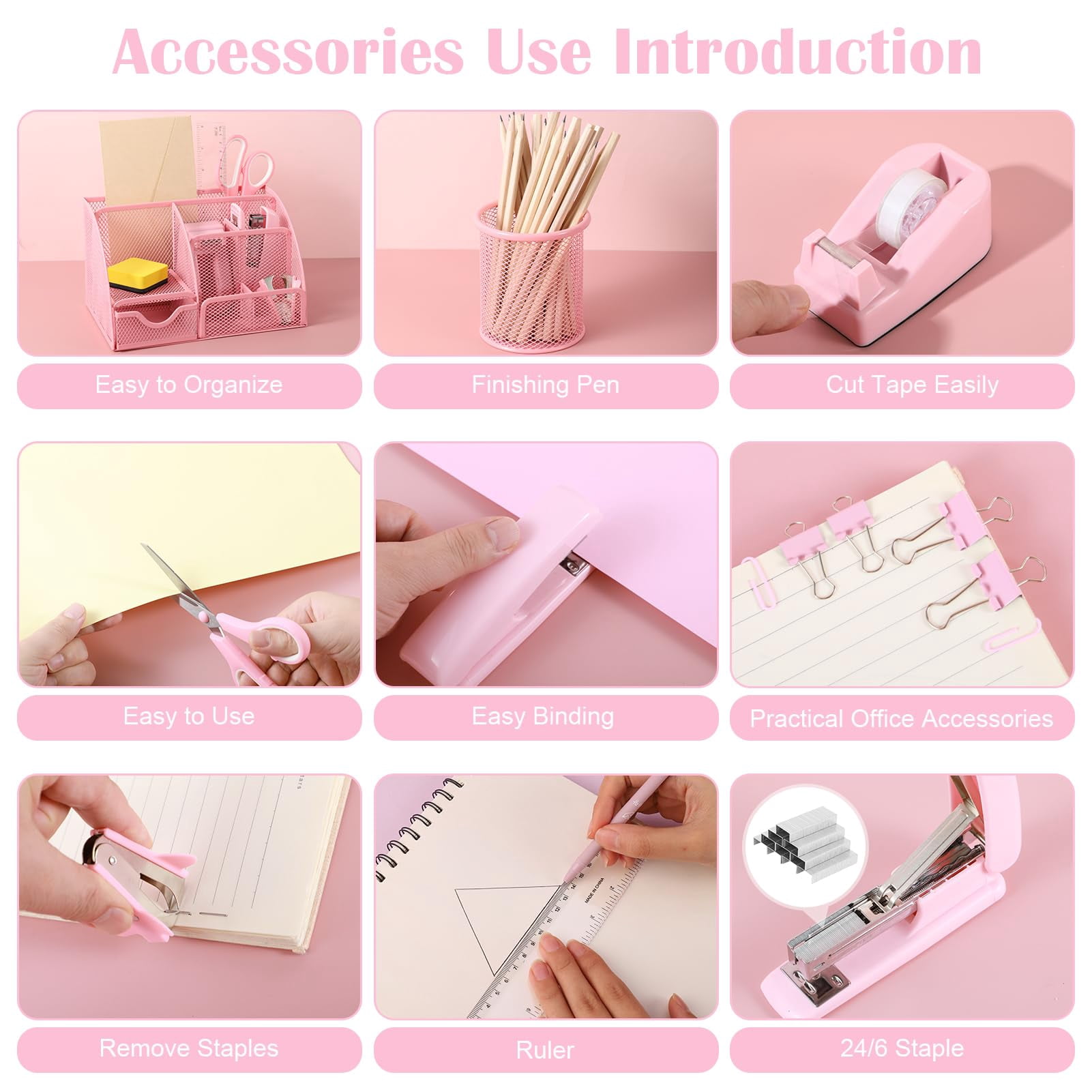 Pink Desk Organizers And Accessories  Office Supplies Include Mesh Organizer Tape Dispenser Stapler 1000 Staples Staple Remover Pen Holder Clips Set Ruler