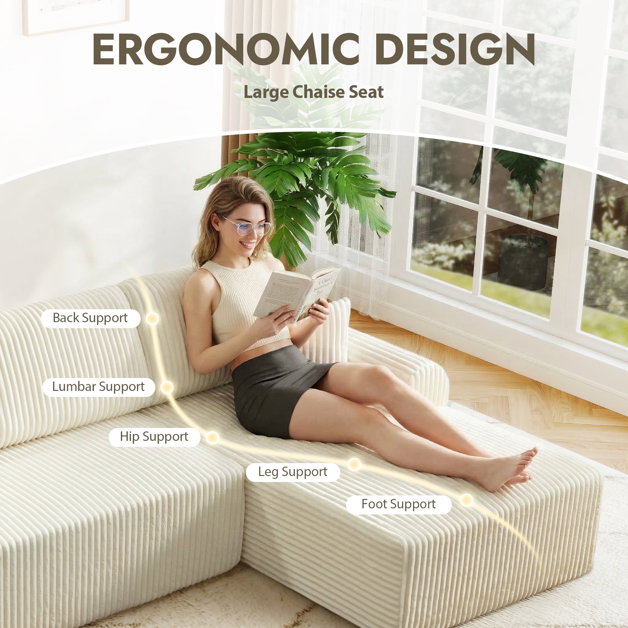 Aukfa 109" Modular Cloud Sectional Sofa with L-Shape Chaise, Corduroy Upholstered Deep Seat Couch, Right Facing Chaise, No Assembly Boneless Sofa for Living Room/Bedroom/Apartment, White