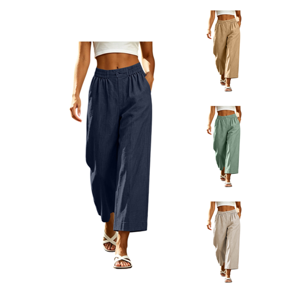Atkumj Cotton Linen Pants Women with Side Pockets Comfortable High Waist Elastic Wide Leg Pants Casual Solid Color Ankle Length Baggy Pants for Everyday Outfit S