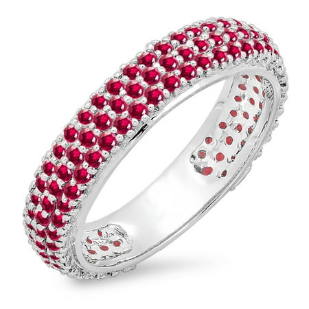 - 1.30 Carat (ctw) 10K White Gold Round Ruby Ladies Pave Set Anniversary Wedding Eternity Ring 1 1/3 CT