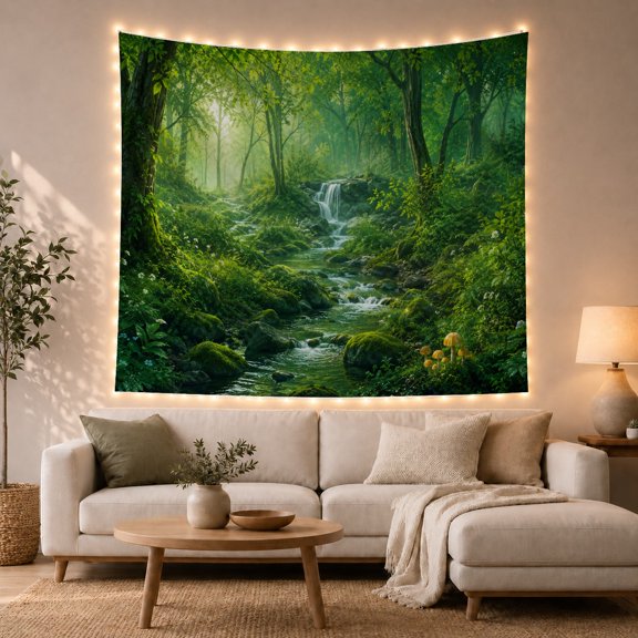 Floral Garden Verdant with Forest Around Cascading Waterfall, Mystical Fantasy for Space Lovers, Galaxy Room Decor, Mother'S Day Gift, Tapestry Wall Hanging for Bedroom and Dorm