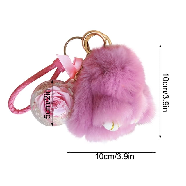 Car Key Chain,New Model Handmades Soft Bunny Pompom Charmss Bunny Car Key Chain Pendant Everlasting Flower Ball