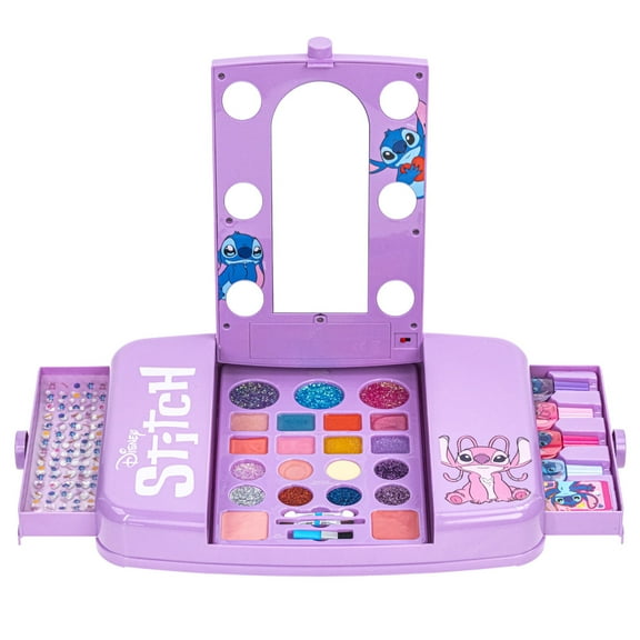 Disney Stitch Beauty Vanity Set with Light-Up Mirror, Includes Lip Gloss, Eyeshadow, Blush, Brushes, Nail Polish, Accessories, Batteries Not Included, Ages 6 , for Gift-Giving, by Townley Girl