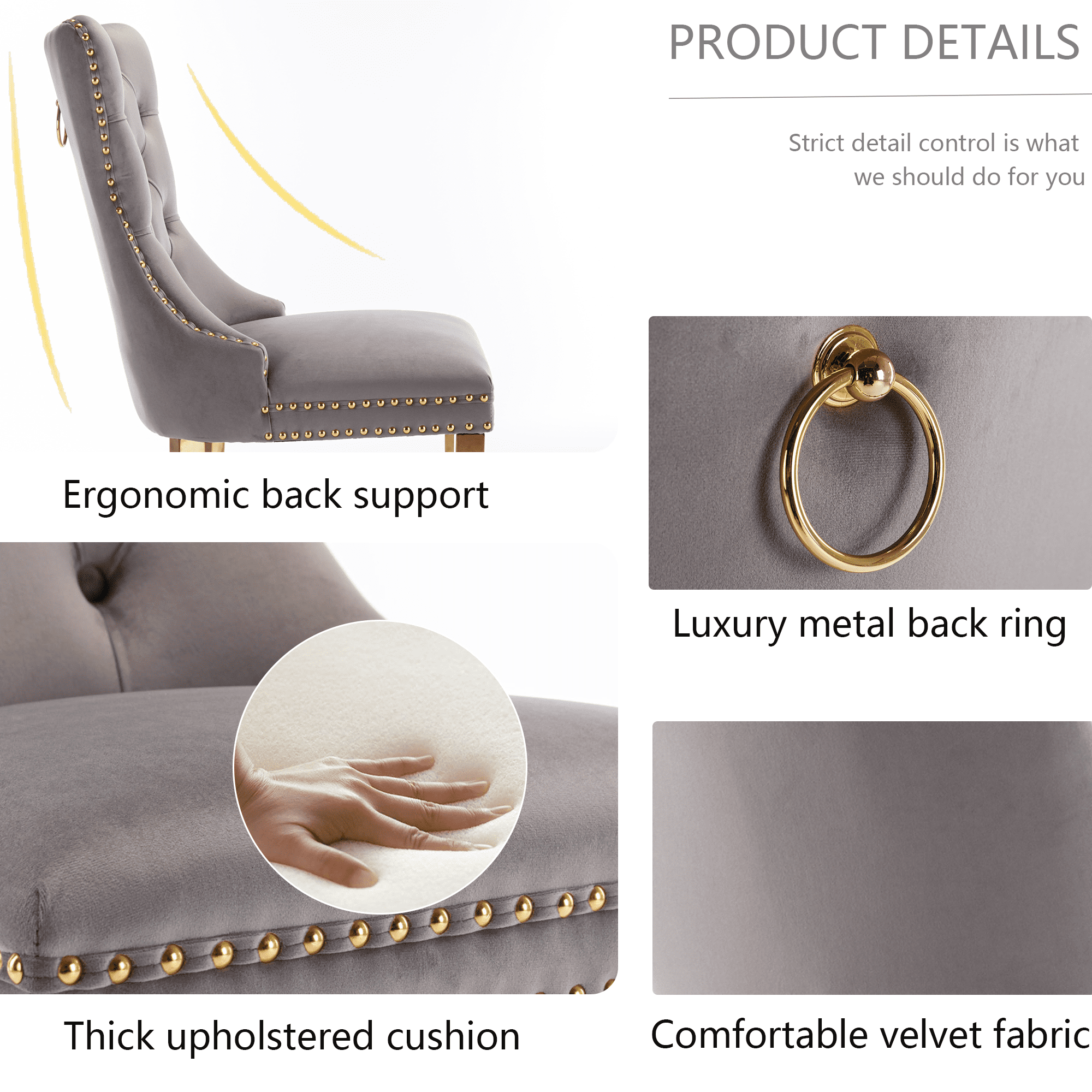 Dining Chairs, Accent Diner Chairs with Nailhead Trim and Back Ring Pull, Velvet Fabric Dining Room Chairs, Side Chair Kitchen Chairs with Golden Stainless Steel Plating Legs (Set of 4)