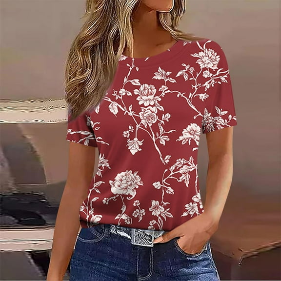 Fznquz Floral Womens Summer Tops Short Sleeve T Shirts Crewneck Comfy Red Casual Womens Shirts