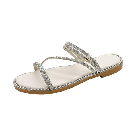 

CLZOUD Women s Hiking Sandals White Women s Sandals Summer Europe and The United States Outside Wear Flat Bottom Rhinestone Sandals Female Fashion Ladies Sandals 37