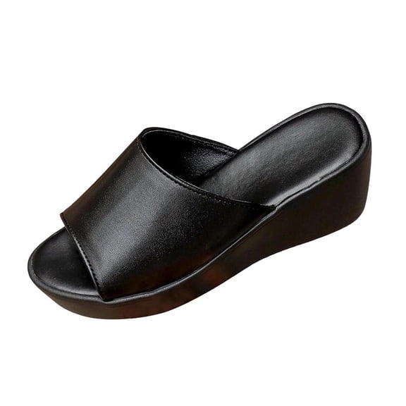 KIJBLAE Women's Peep Toe Thick Sole Wedge Platform Sandals, Wide Width Elevated Comfort Casual Summer Beach Slides Black 38