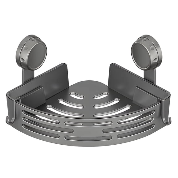 Gunmetal Gray Suction Cup Corner Shower Shelf, No-Drill Bathroom Caddy 11.6" Wide with Hooks, Space-Saving Wall Organizer for Shampoo, Soap & Loofahs, Quick-Drain Design