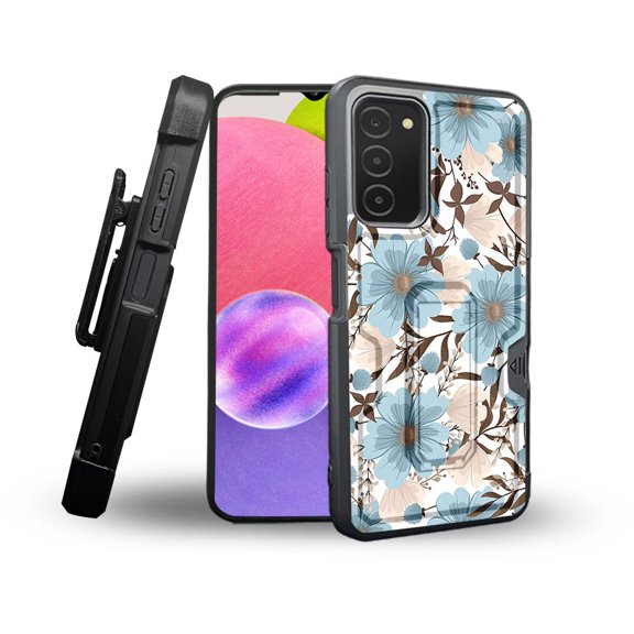 ANJ  Rugged Shockproof Holster Case Card Slot Kickstand   Tempered Glass Cover for Samsung Galaxy A03s - Blue Floral