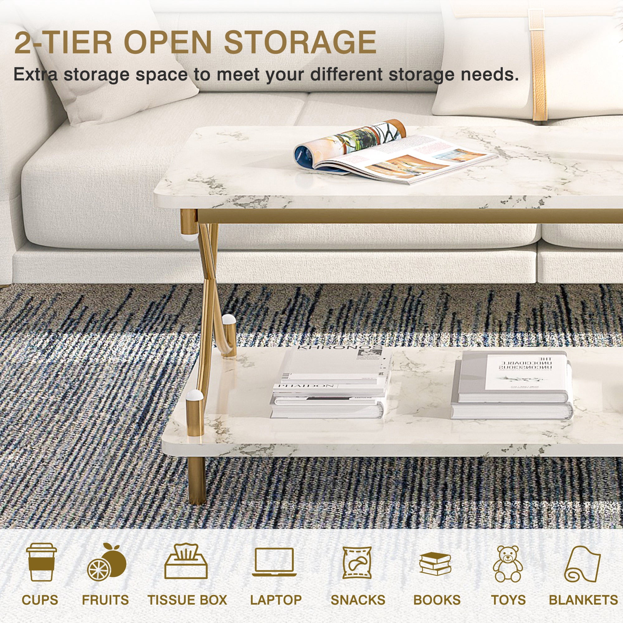 VECELO Rectangle Coffee Table with Storage Shelf, Modern X-Design Side Metal Frame for Living Room Office, White & Gold
