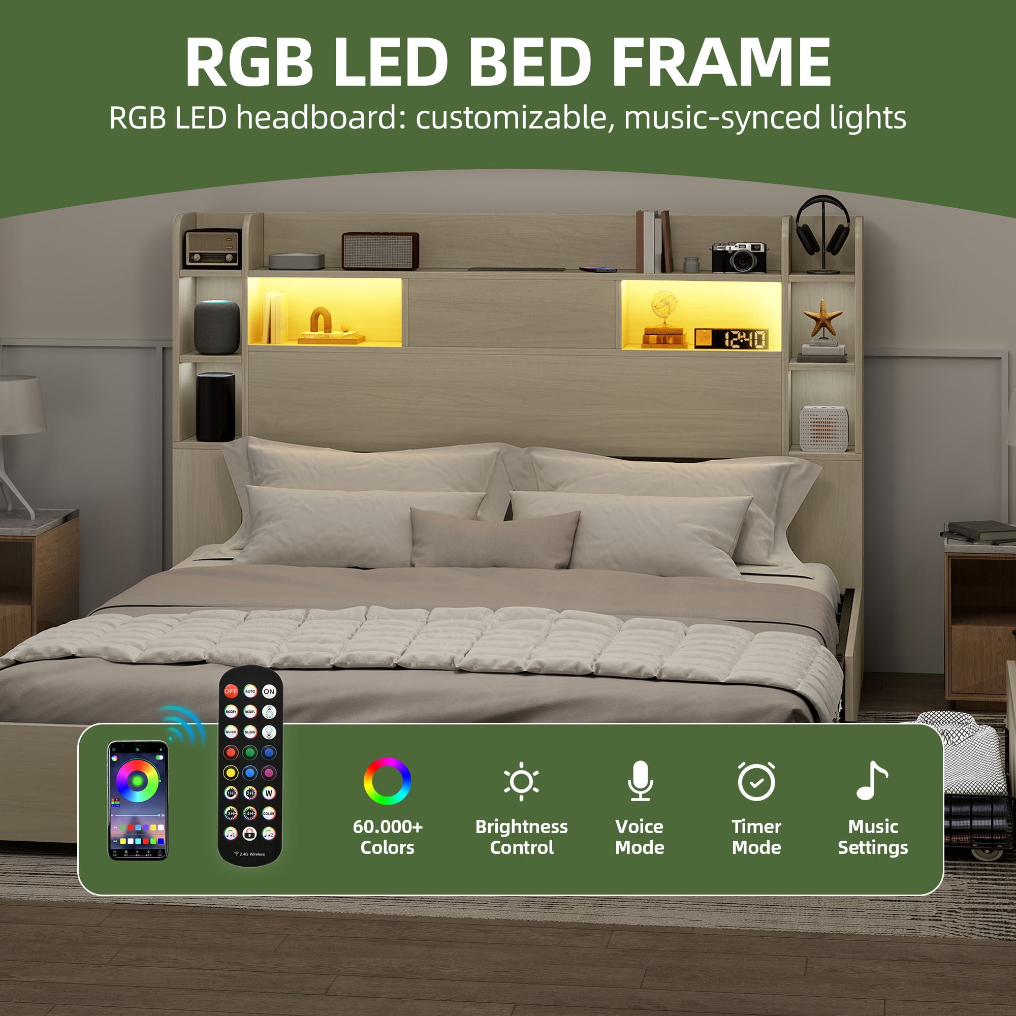 Uforic Queen Size Bed Frame with LED Lights & Bookshelf Headboard, Platform Bed Frame with Charging Station & Drawers, White