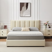 إطار سرير Vecelo مع 4 أدراج تخزين، إطار سرير منصة منجد بالحجم الكامل مع لوح رأس قابل للتعديل، باللون البيج