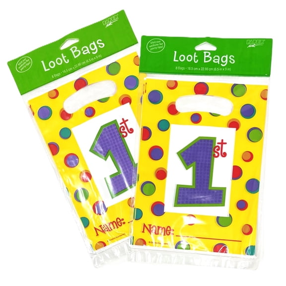 16 First 1st Birthday Colorful Polka Dots Party Favor Treat Bags - 2 Packs of 8 - 16 Total