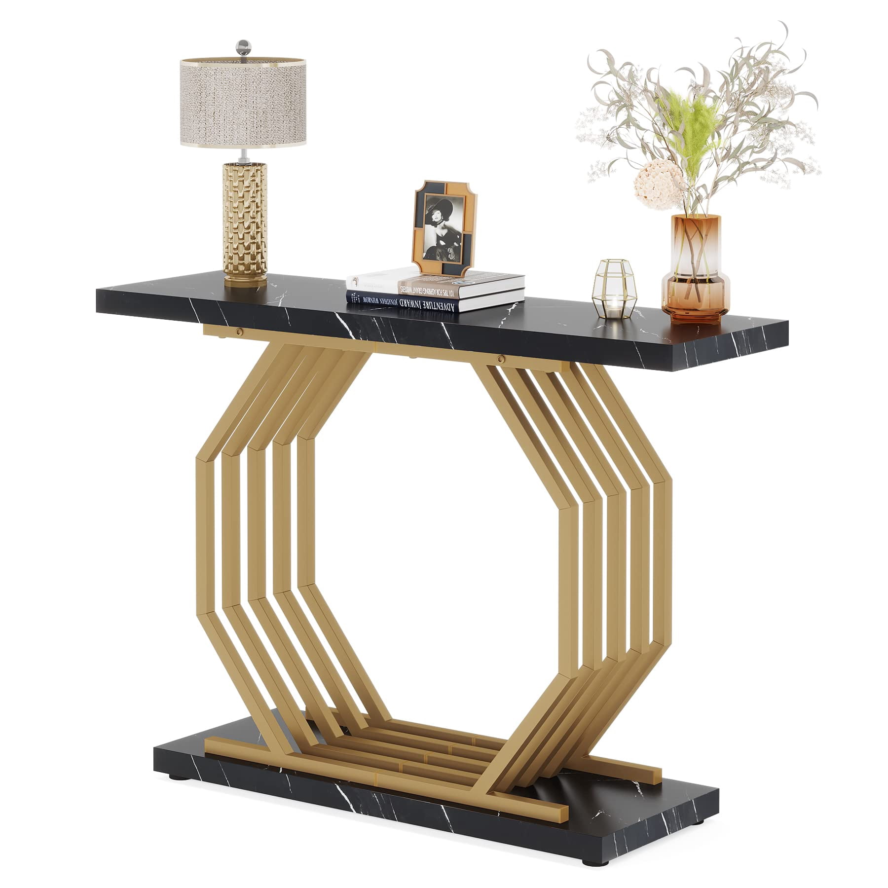 Tribesigns Gold Console Table, Faux Marble Entryway Table Narrow Sofa Table with Geometric Metal Base, 40 Inch Modern Accent Table Entrance Table for Living Room, Hallway, Foyer, Black and Gold