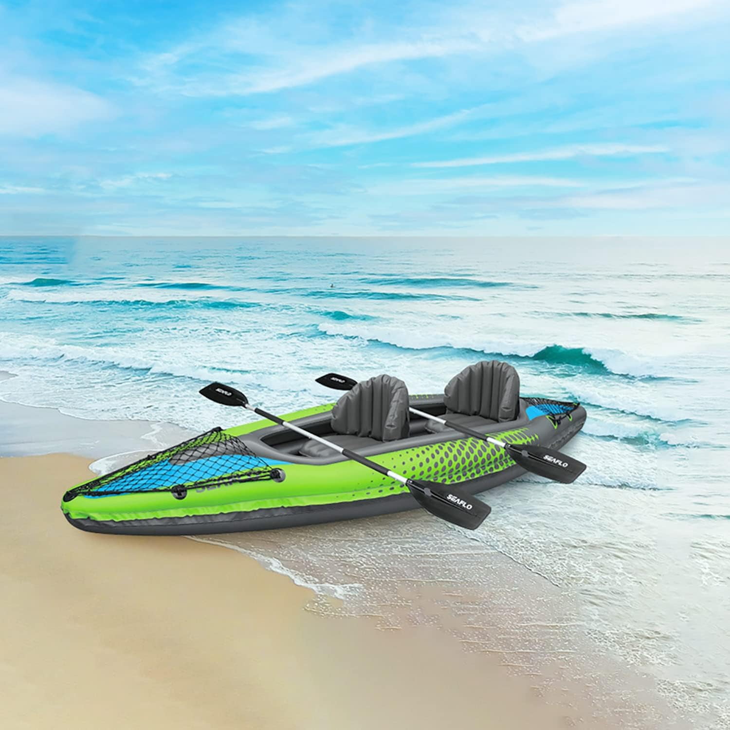 Savvycraft Inflatable  2 Person Tandem , Recreational Touring  Includes Aluminum Paddles, Padded Seats, Double Action Pump