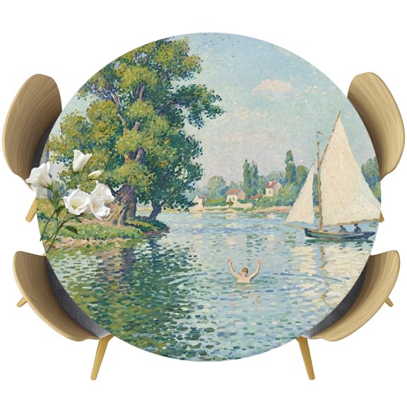 Green Trees Round Tablecloth 45-54 Inch Round Fitted Table Cloth with Elastic Edge, Modern Watercolor Botanical Waterproof Table Cover Protector for Outdoor Picnic Party Dining