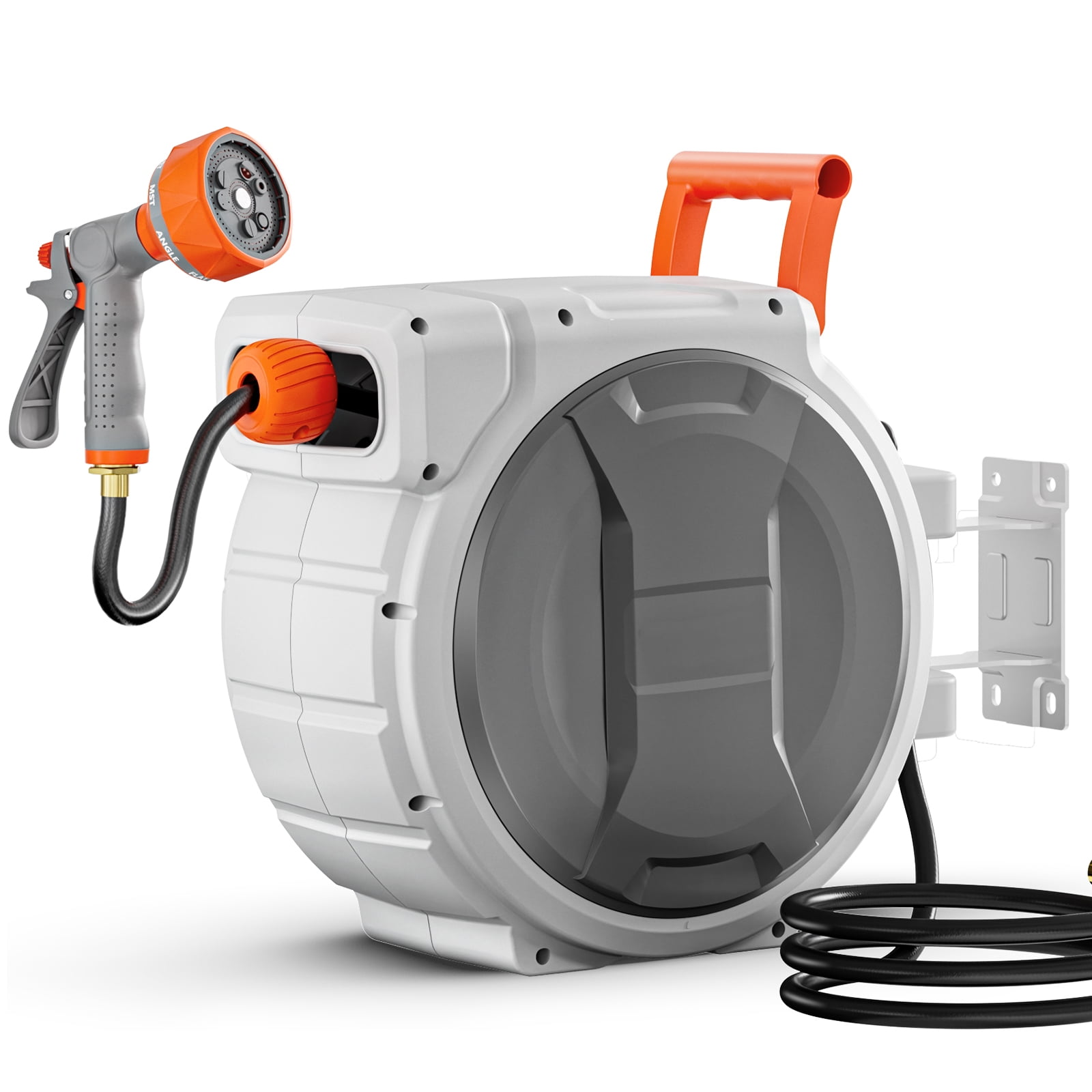 KFFKFF Retractable Hose Reel 100ft x 5/8in, Wall-Mounted Garden Hose Reel with 9-Function Nozzle, Lawn Watering Hose Reel 180° Swivel Bracket, Adjustable Length Lock, Upgraded Slow Return System