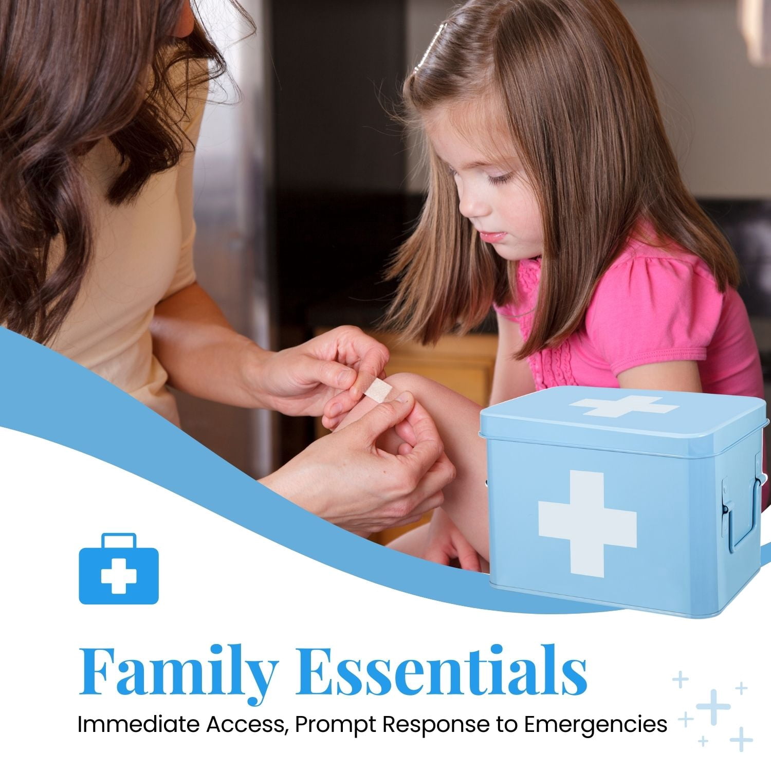 First Aid Medicine Box Supplies Kit Organizer - 8.6" Blue Metal Tin Medic Bin Hard Case with Removable Tray, Handle, Storage Compartment, Vintage Antique Empty Boxes for Home Family Emergency Tool