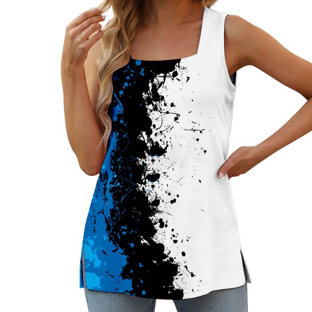 WEAIXIMIUNG T-Shirts pour Femmes Mode Décontractée Impression Col Carré Fendu Sans Manches