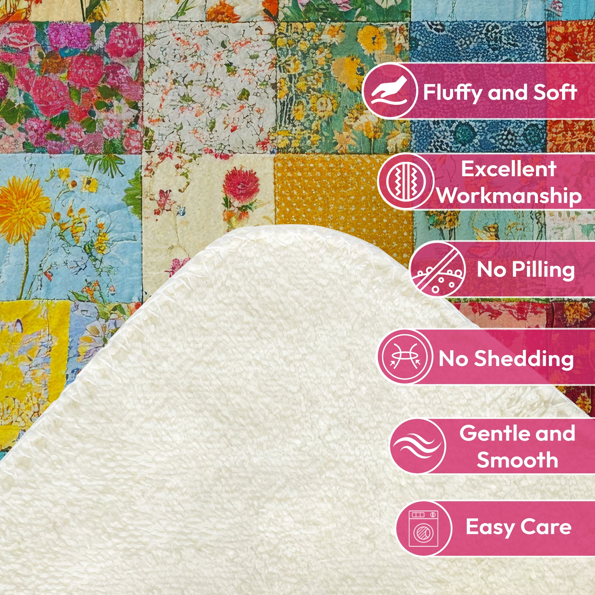 Sherpa Fleece Twin Blanket 60"x80" Reversible Plush Fluffy Blanket, Double-Layer Super Soft Flannel Blanket for Sofa, Couch, Bed, Patchwork Floral Pattern
