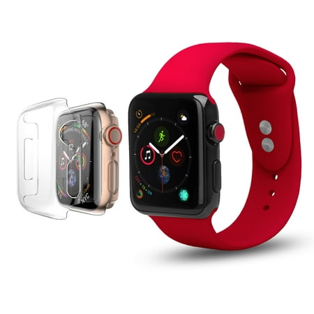 Apple Watch Replacement Bands 44mm w/Full Body Clear Hard Case Screen Protector, Soft Silicone Wristband for iWatch Apple Watch Series 4 - (Best Red Dirt Bands)