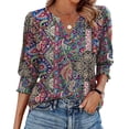 thumbnail image 2 of Ruimatai Women's Casual V-Neck Ruffle Blouse Quarter Sleeve Printed Tops Comfortable Flowy Loose Fit Summer Beach Shirt S-2XL, 2 of 7