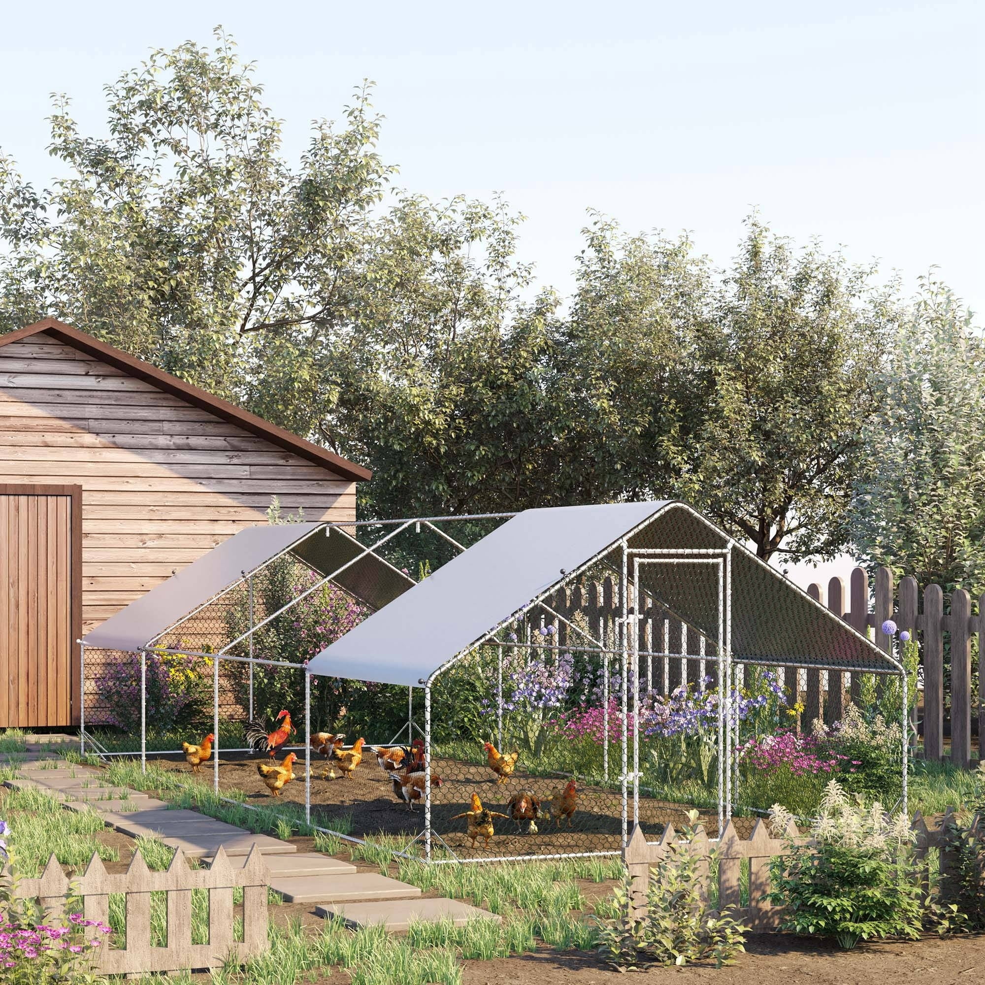 PawHut Large Metal Chicken Coop, Walk-in Poultry Cage Galvanized Hen Playpen House with Cover and Lockable Door for Outdoor, 10' x 26' x 6.5'